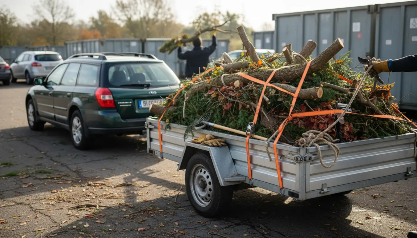 Bil med trailer læsset med grene og haveaffald ved en genbrugsplads klar til bortkørsel.