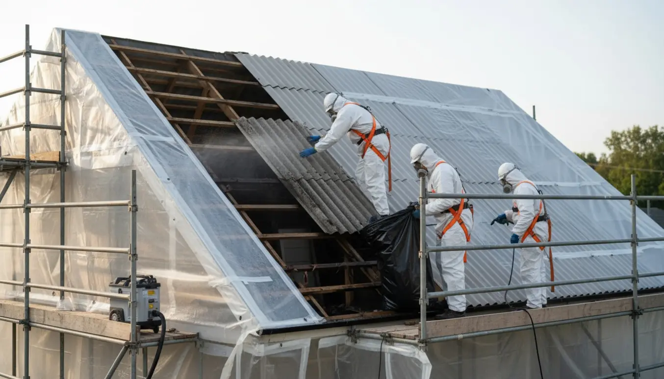 Professionelle fjerner bølgeeternit fra et skrånende tag under kontrolleret afdækning.