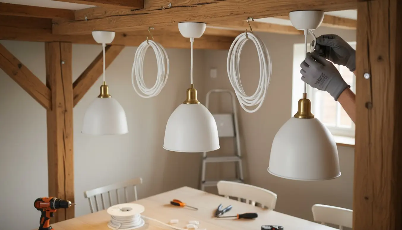 Tre pendellamper sættes op i et rum med træbjælkelof, hvide ledninger og værktøj klar på bordet.