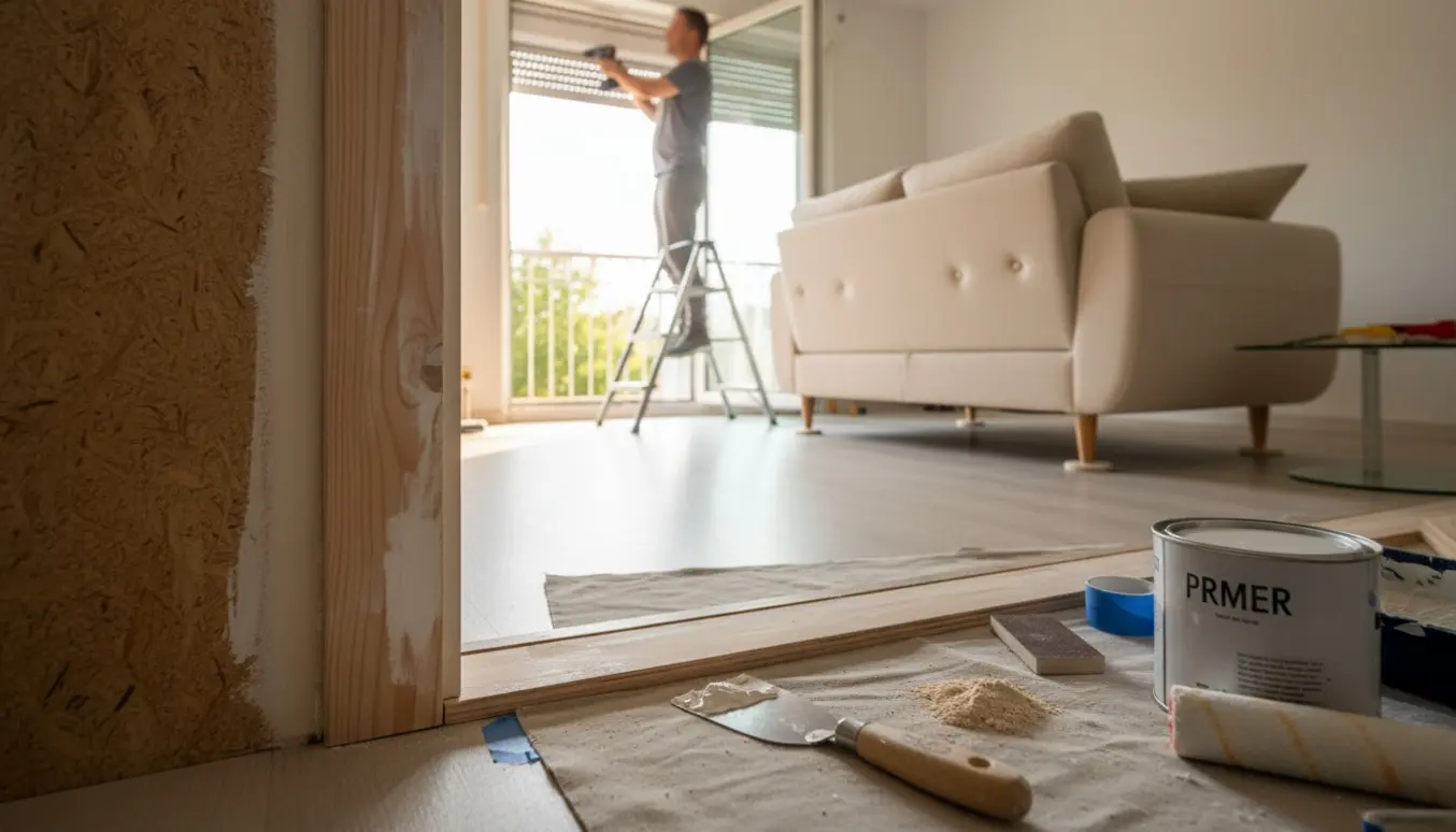 Stue under istandsættelse med slebet og spartlet MDF-gerigt ved ny altandør, monteret rullegardin og møbler tilbage på plads.