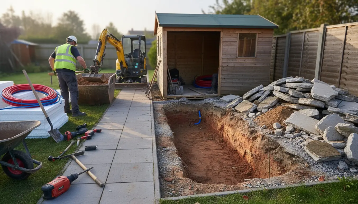 Udgravning af et lille skur med opbrudt betongulv, minigraver, trillebør og container ved enden af en lang sti med fortovssten.