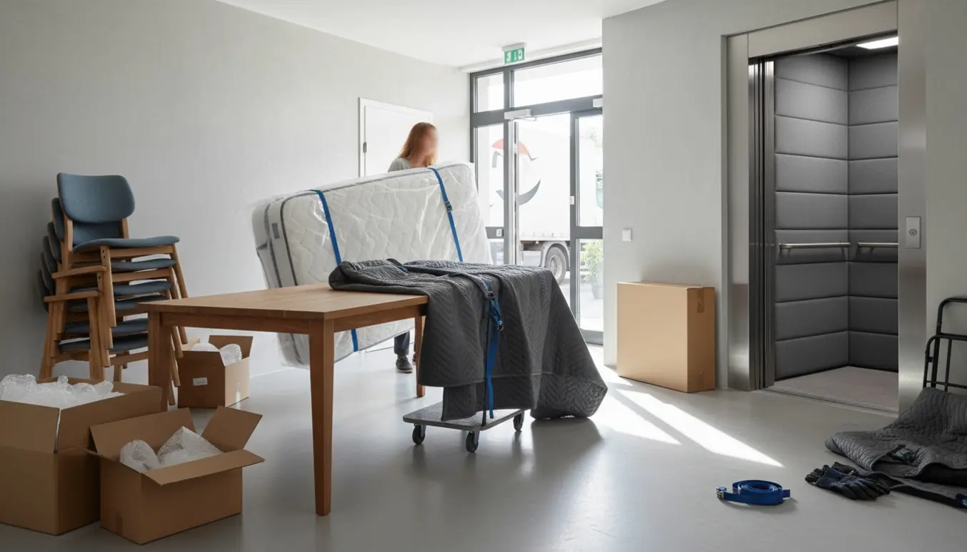 Flytning i elevatorgang med madras, bord, stole, tv og flyttekasser, to personer med ansigter ude af fokus.