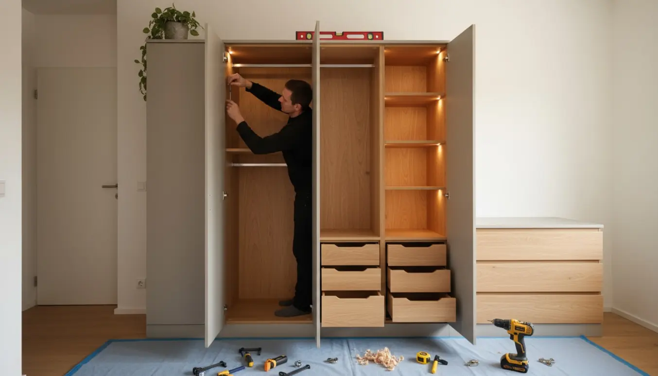 Nyinstalleret grå/beige skab med lys egetræsindretning i en mindre lejlighed, håndværker justerer hængslet.