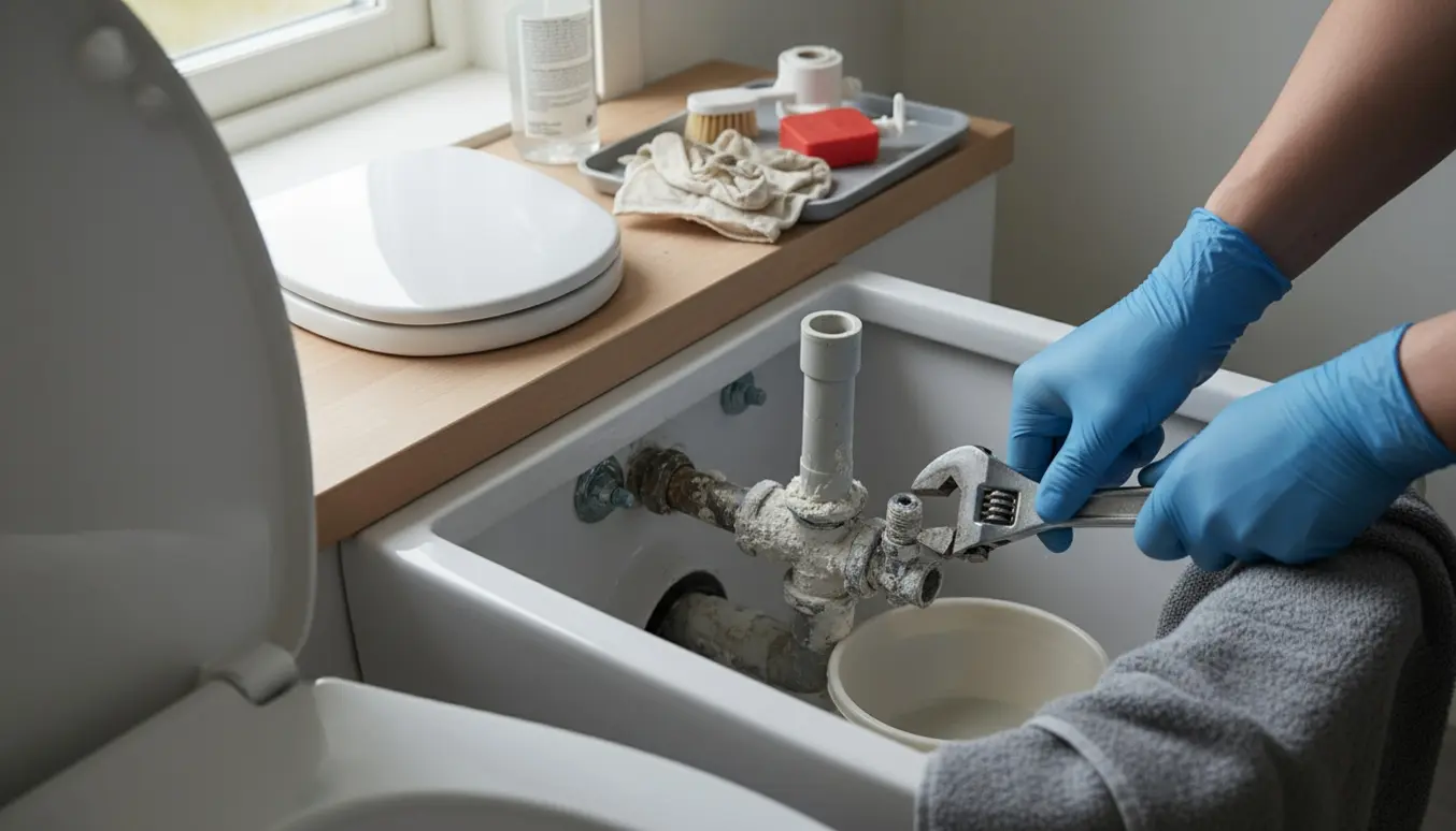 Åben WC-cisterne med kalkaflejringer, handsker og værktøj, der reparerer fyldeventilen.