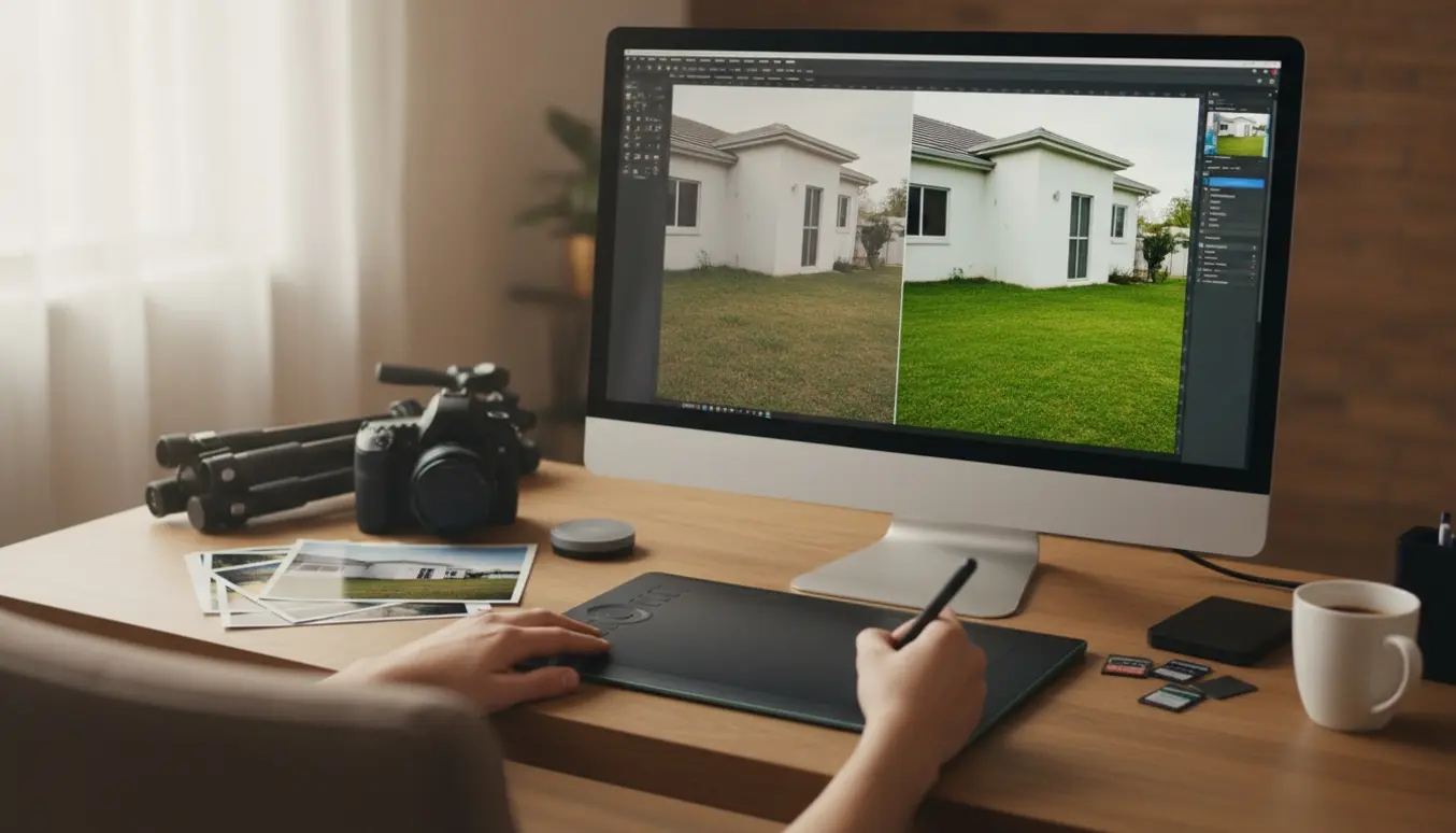 Et redigeringsbord med en skærm der viser før/efter af en ejendomsfoto, en hånd retoucherer med en tegnepen.