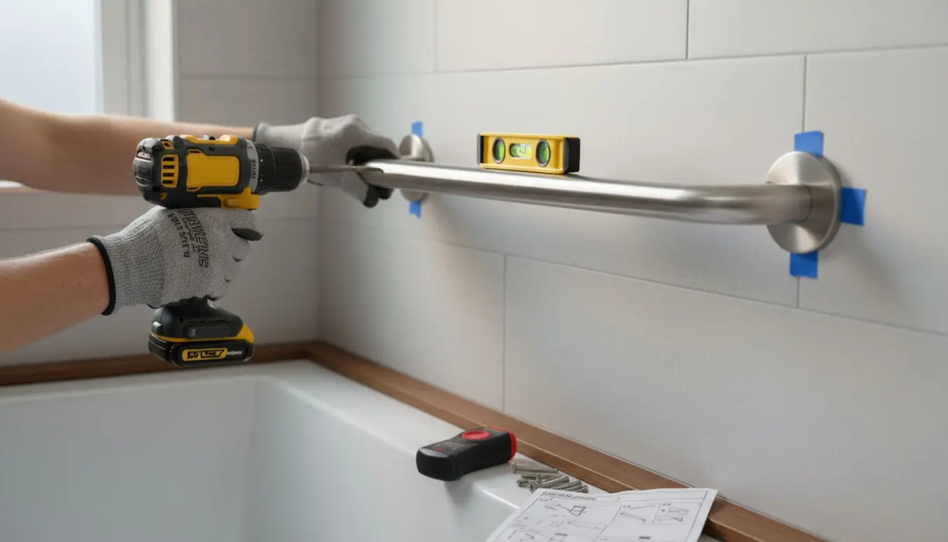 Hænder monterer et rustfrit greb på en flisevæg ved et badekar.