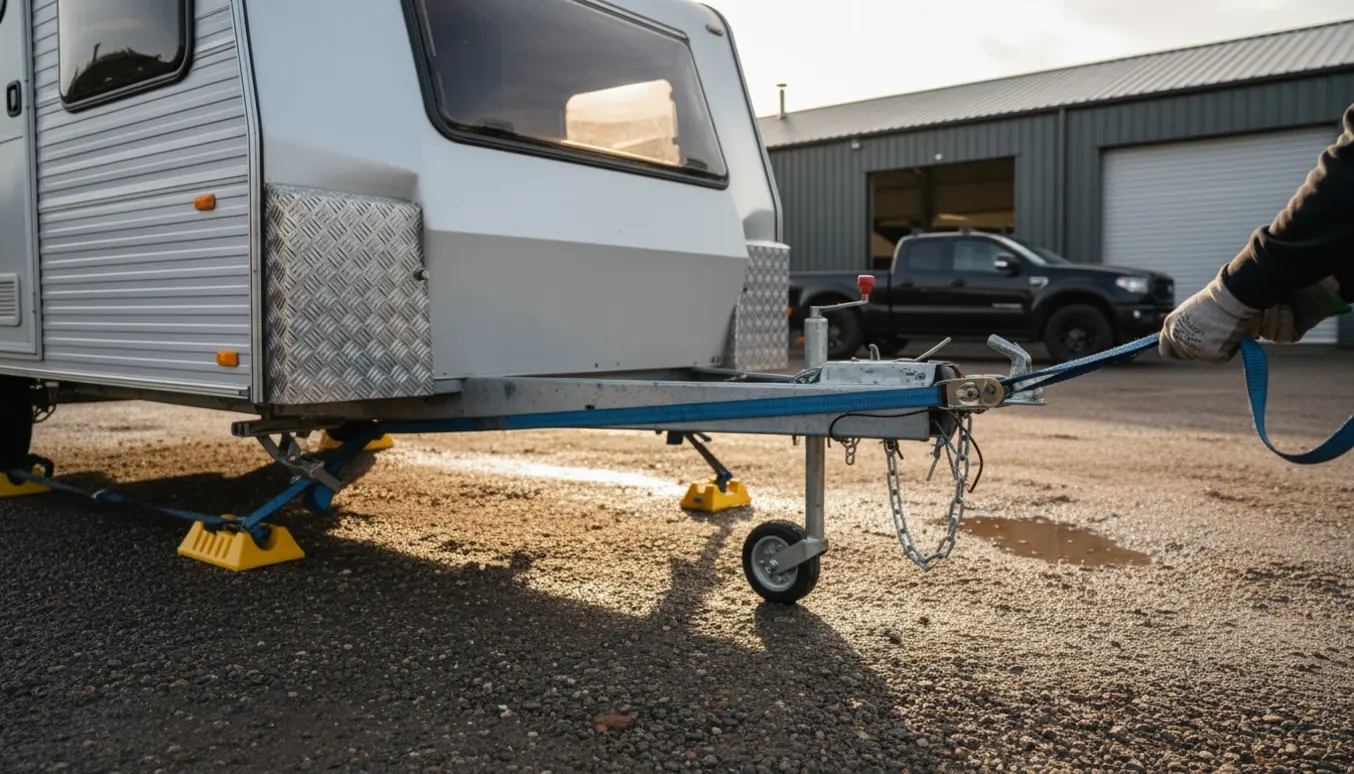 Campingvogn fastspændt på en trailer ved et depot, klar til transport.