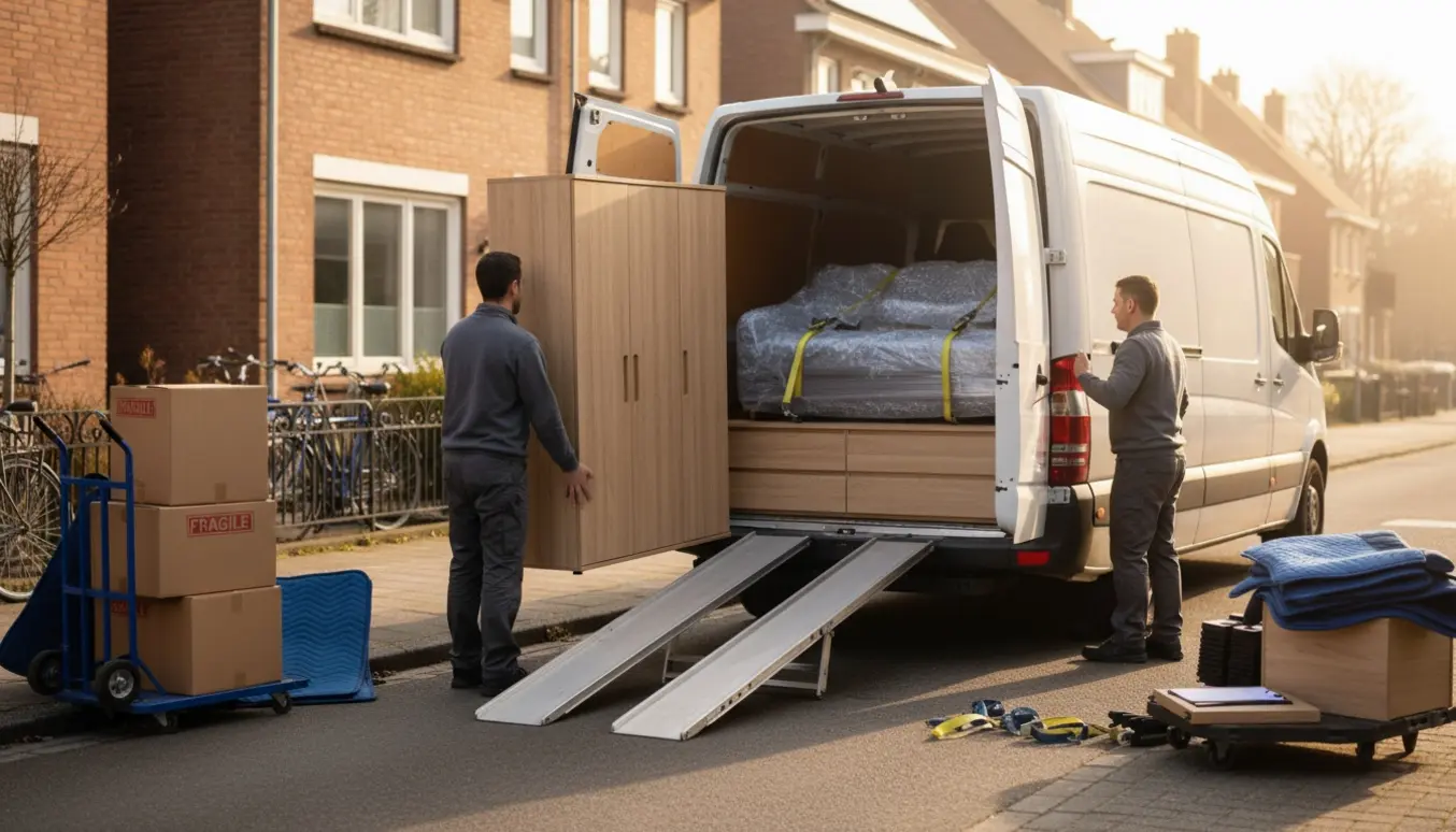 Flyttevogn åbnet på en villavej mens møbler og tæpper pakkes ind og løftes ind i bilen.