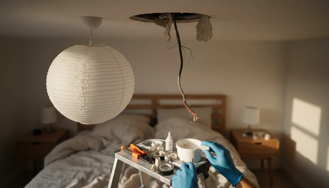 Hænder arbejder på et løst lampeudtag og en beskadiget loftroset i et soveværelse med en risskærmslampe hængende til side.