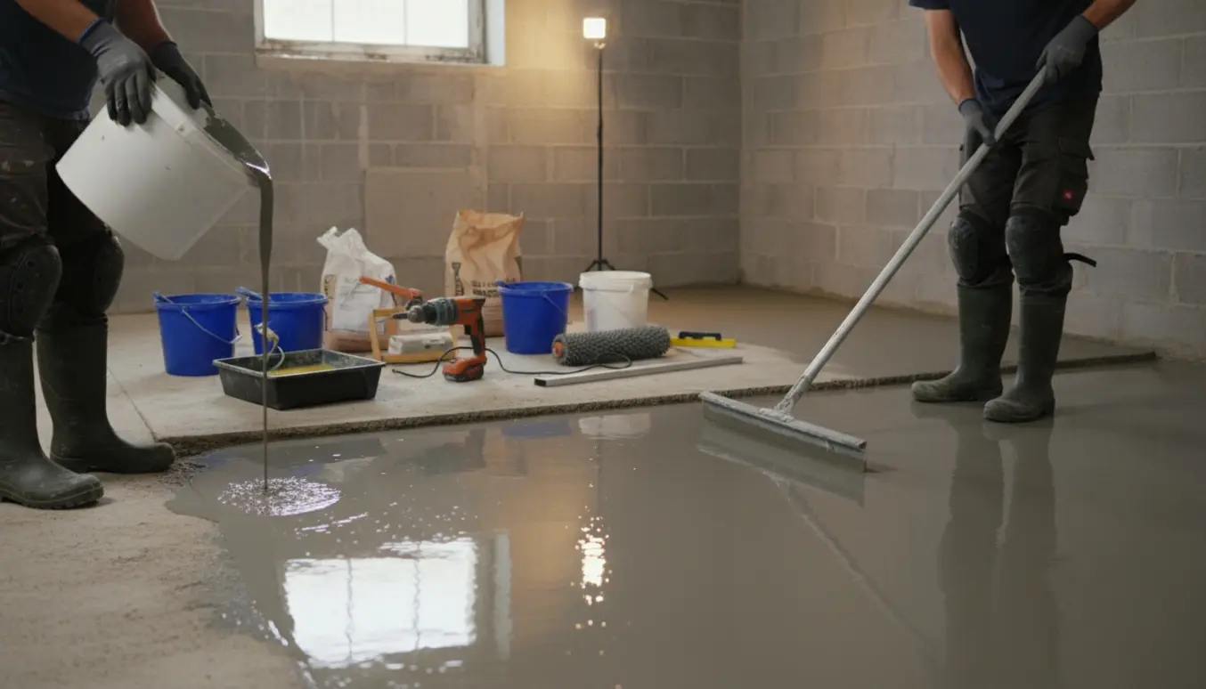 Håndværker spreder flydespartel i en kælder, med vådt glat gulv og værktøj i baggrunden.
