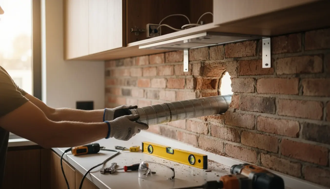 Montering af skabsemhætte med metalkanal gennem et borehul i to-lags mursten og værktøj på køkkenbordet.