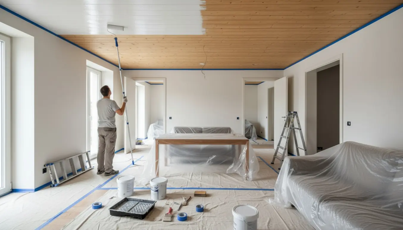 Halvt malet råt træloft i en lejlighed med malerværktøj og møbler dækket af beskyttelsesduge.