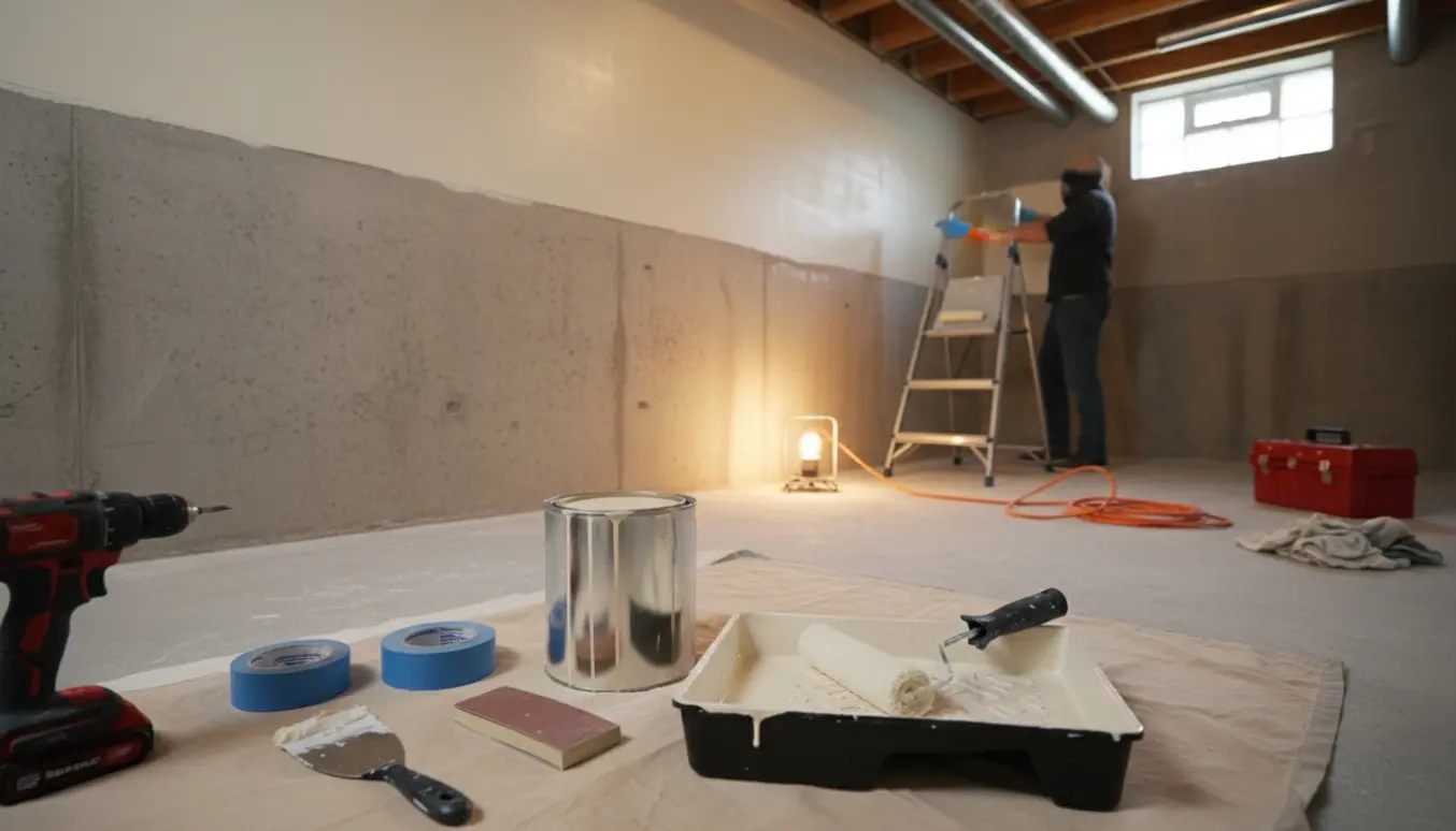 Hænder i handsker maler et kælderrum med malerrolle, åben malerbøtte og værktøj på et afdækningsklæde.