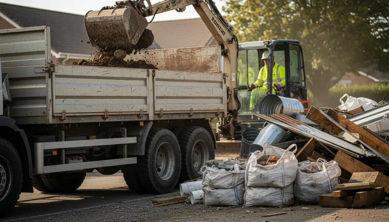 Lastbil med stor trailer og grab læsser jord, sten og blandet byggeaffald ved en indkørsel.