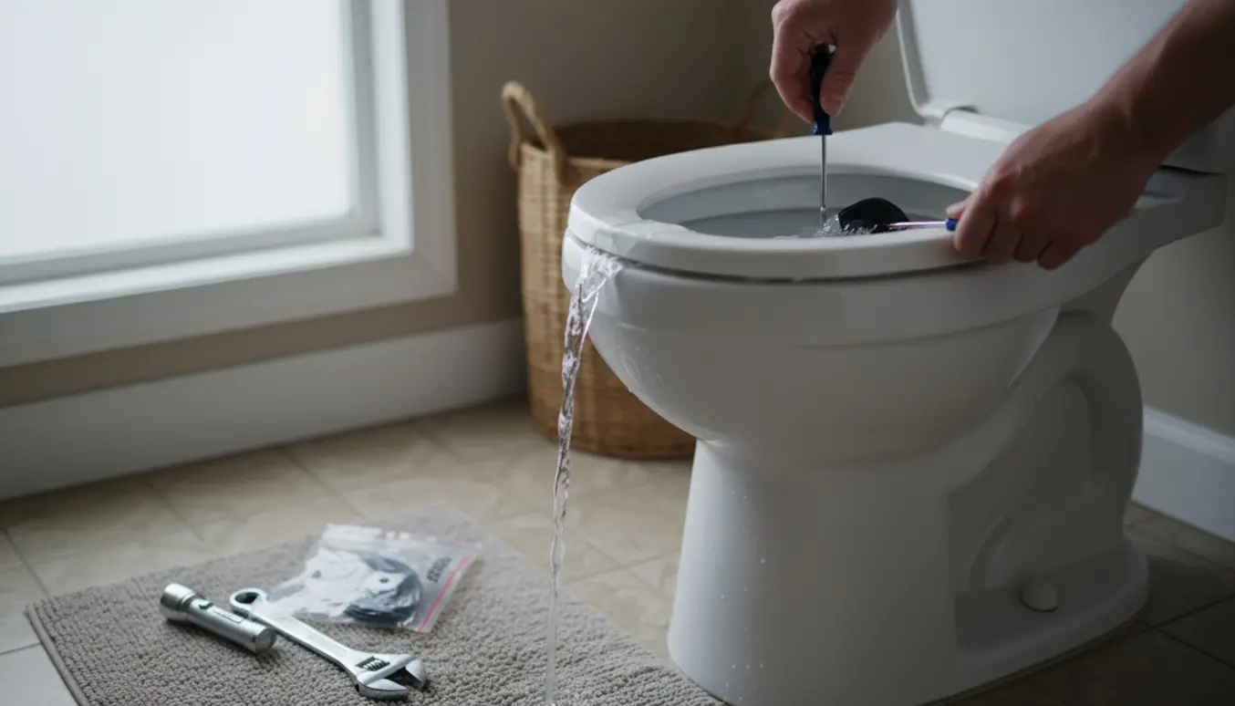 Åben toilettank med rindende vand, en hånd justerer flappen og værktøj ligger klar ved siden af.