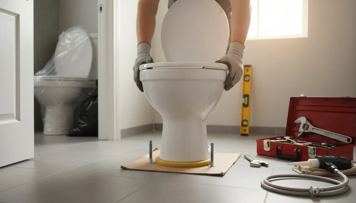 Nyt gulvstående toilet monteres i et lyst badeværelse med hænder og værktøj i fokus.