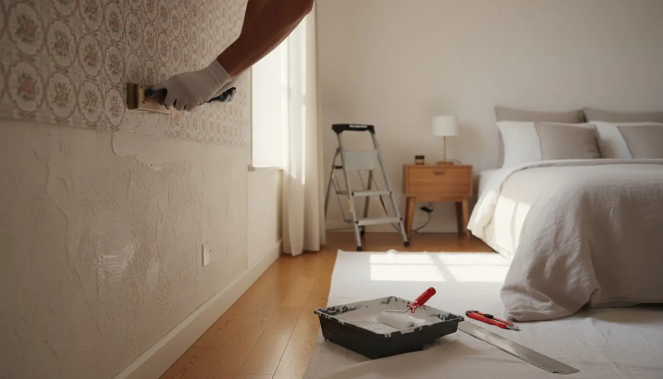 Nærbillede af hænder, der sætter mønstret tapet op på en ujævn soveværelsesvæg med værktøj og trappestige i baggrunden.