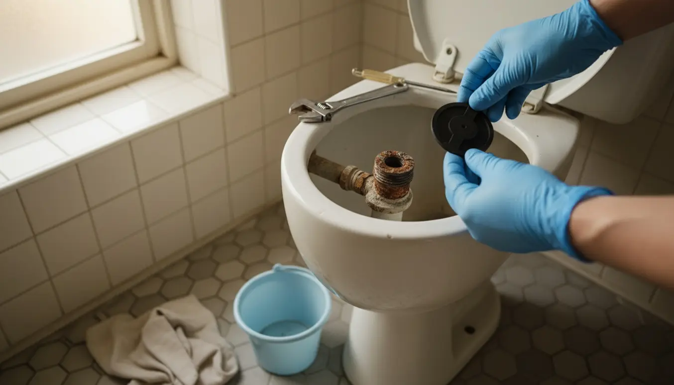 Åbent toiletcistern med værktøj og nye dele klar til udskiftning af skylleventilen.