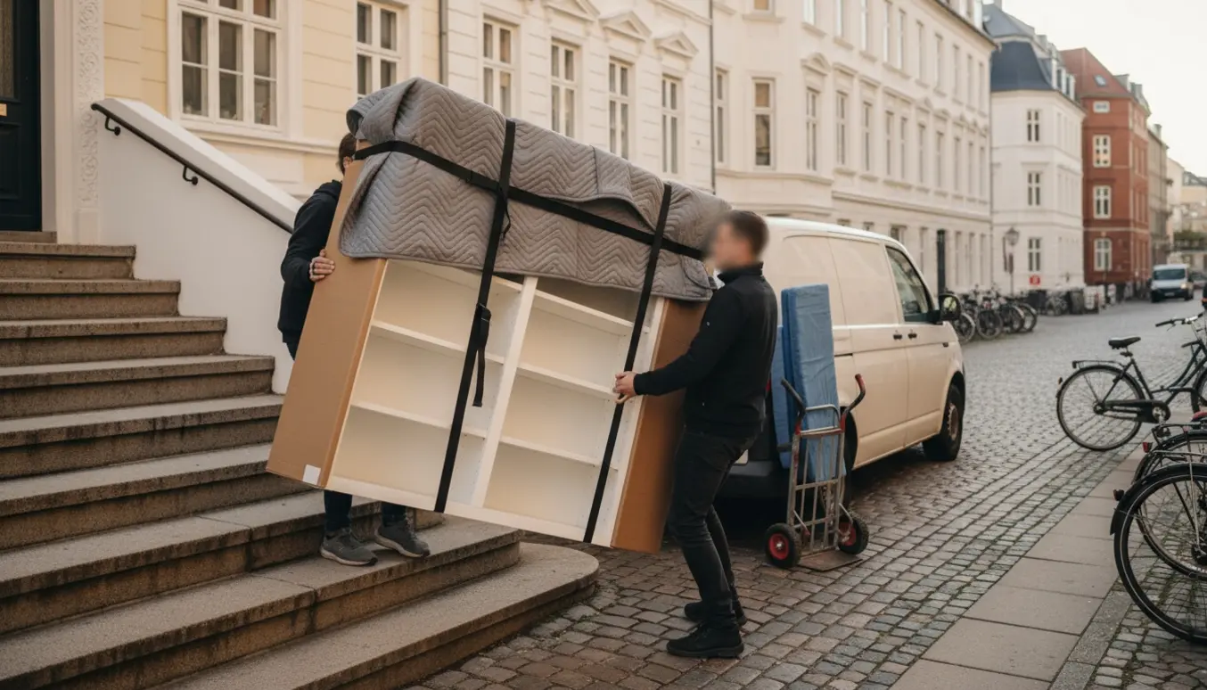 To personer løfter en 2 meter høj hvid reol pakket i flyttetæpper ned ad et par trin mod en ventende flyttebil på en brostensgade i København.
