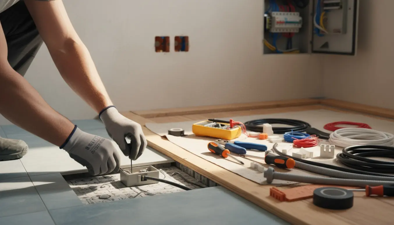 Elektriker forbinder elgulvvarme i et badeværelse under renovering med synlige værktøjer og kabler.