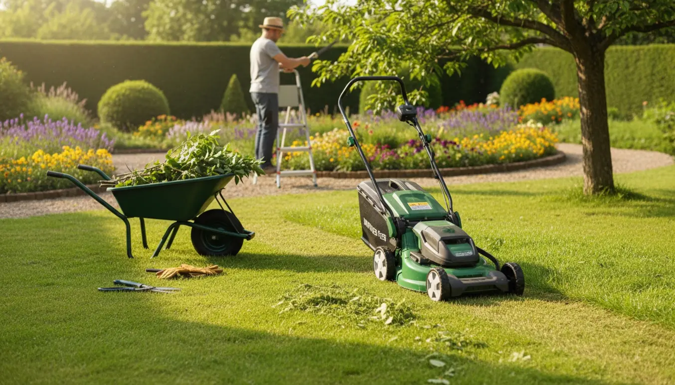 Plæneklipper foran en have med nyklippet græs, og en person beskærer et træ med ryggen til.