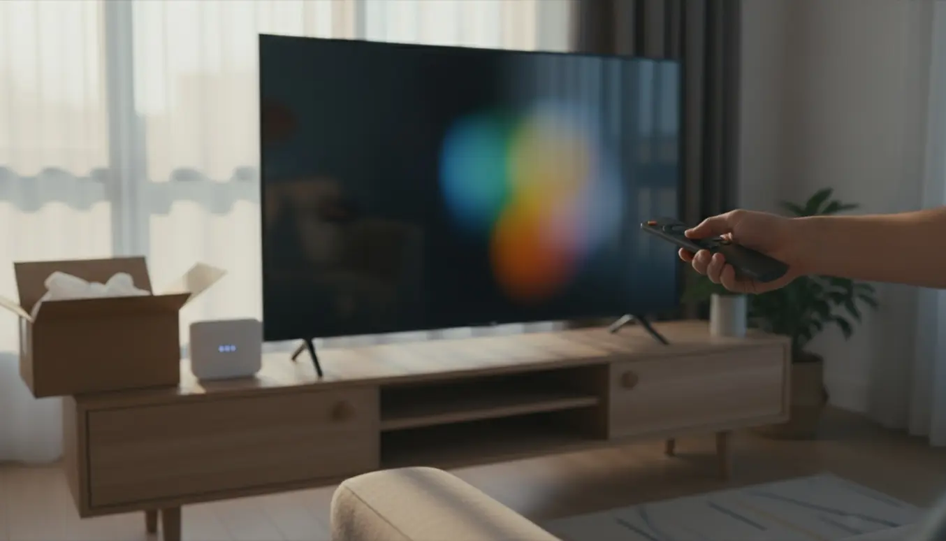 En person peger fjernbetjeningen mod et moderne 55-tommer smart-tv i en lys, ryddelig stue under opsætning.