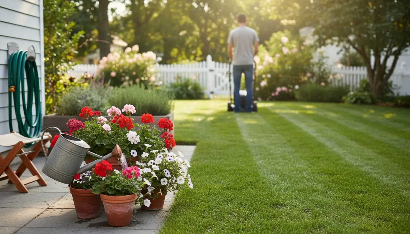 Person set bagfra klipper græsplænen og vander krukker i en solrig sommerhave.