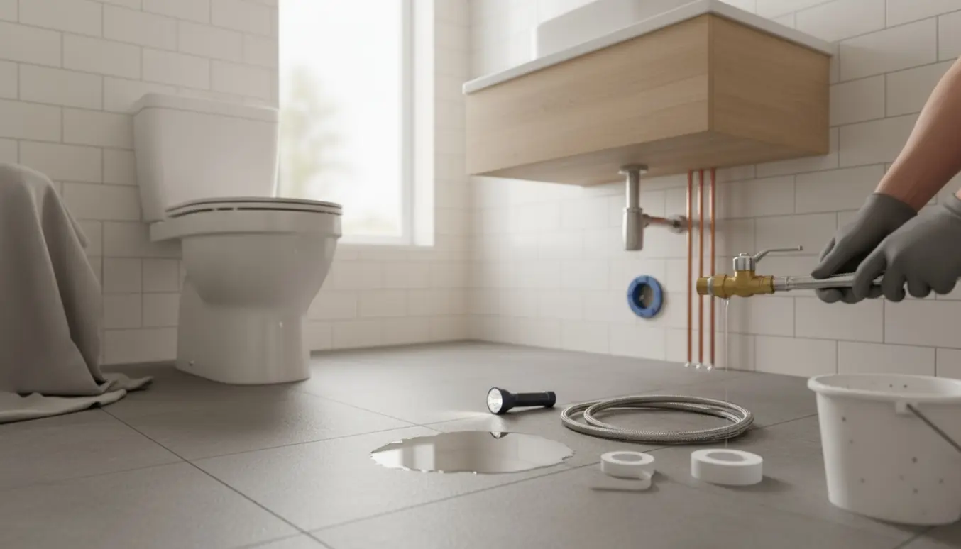 Handskeklædte hænder monterer ny ballofix og forbereder installation af nyt toilet med skjult S-lås i et lyst badeværelse.