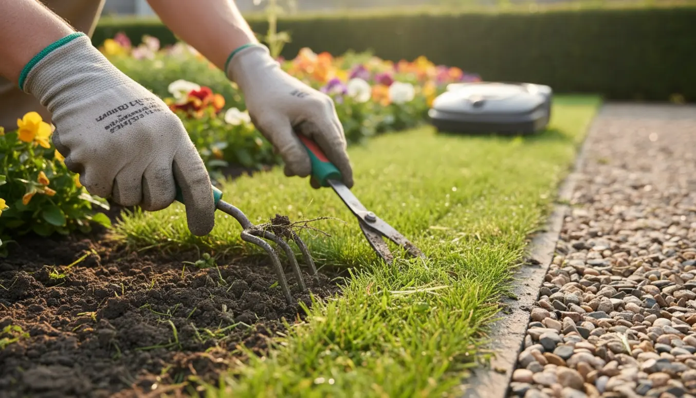 Hænder luger ukrudt mellem hæk og bede og klipper en smal græsstribe langs en grussti.