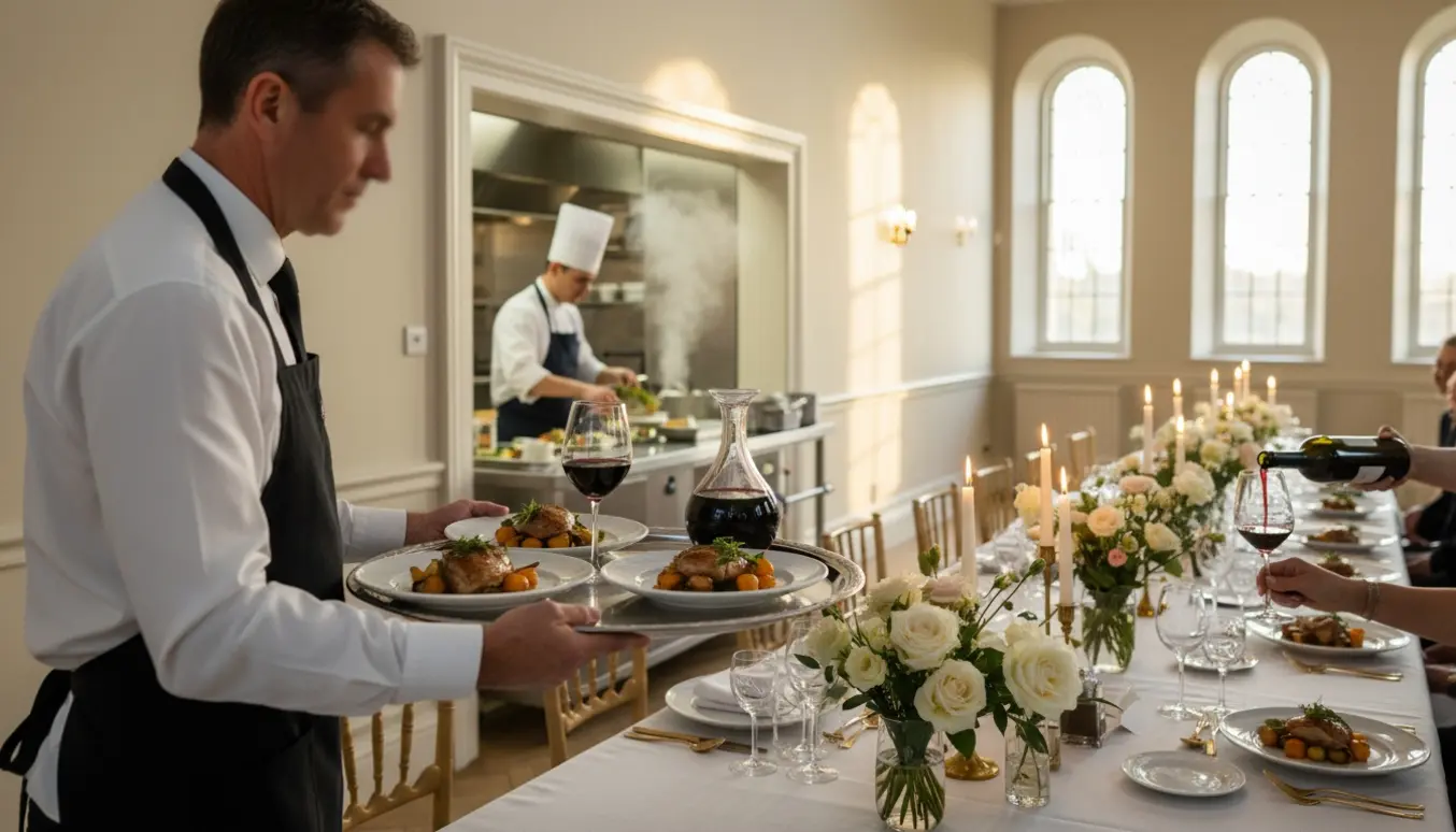 En erfaren tjener serverer mad og vin ved et elegant bryllupsbord med blomster og levende lys.