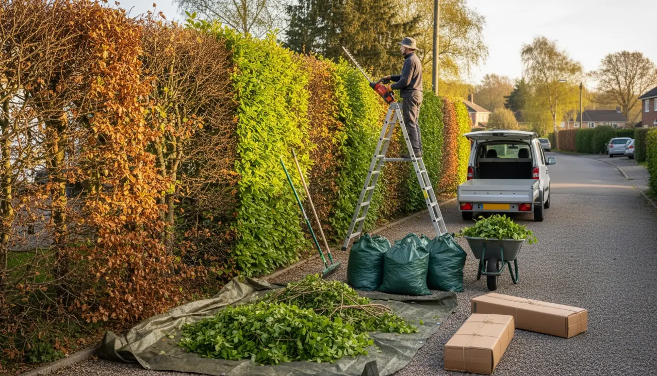 Nyskåret bøgehæk ved indkørsel med bunker af grene, affaldssække og en trailer med bundter pap klar til afhentning.