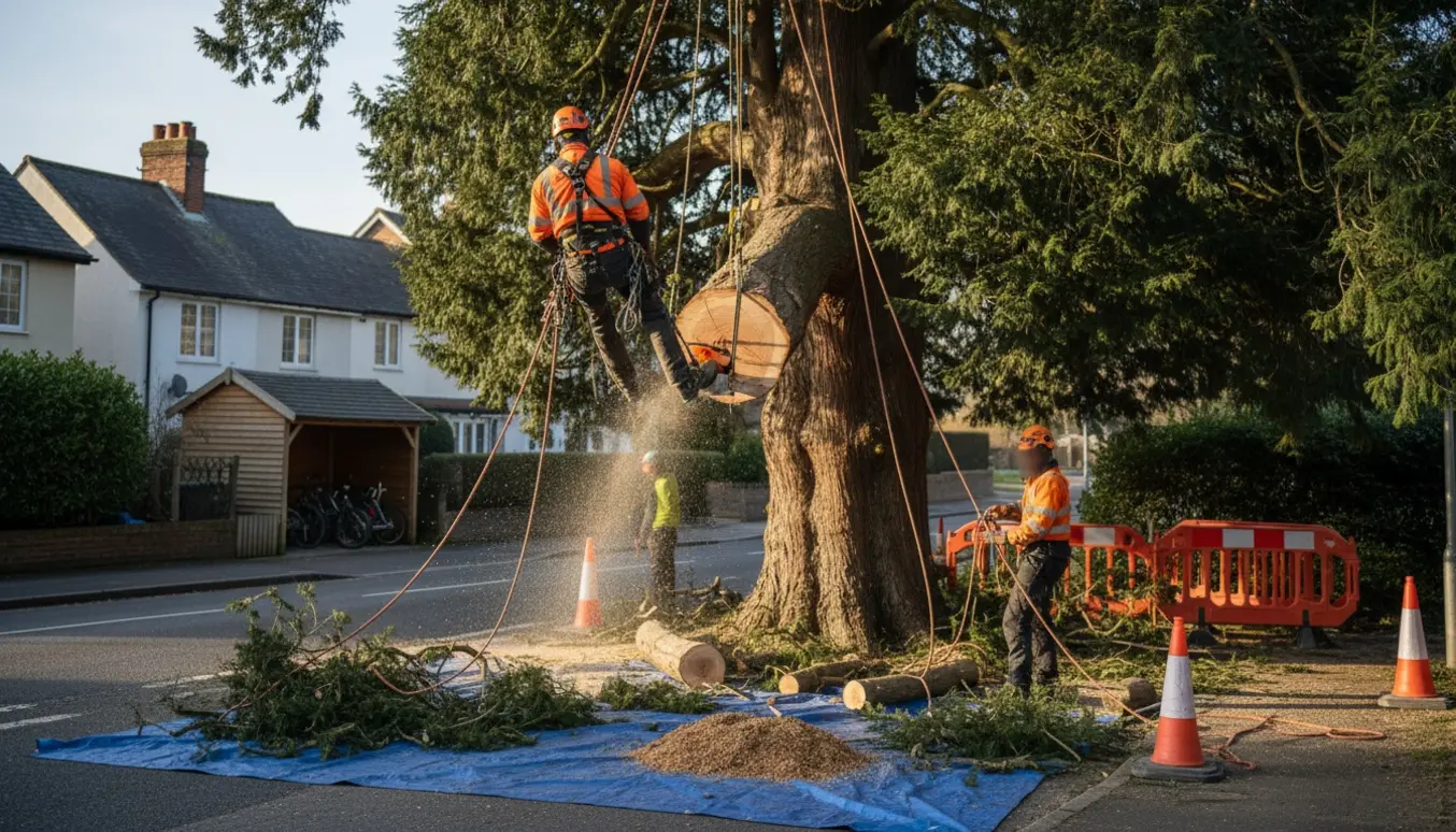 Arborist topkapper en høj taks ved vejen, en trunksektion sænkes i tov med huse og cykelskur i baggrunden.
