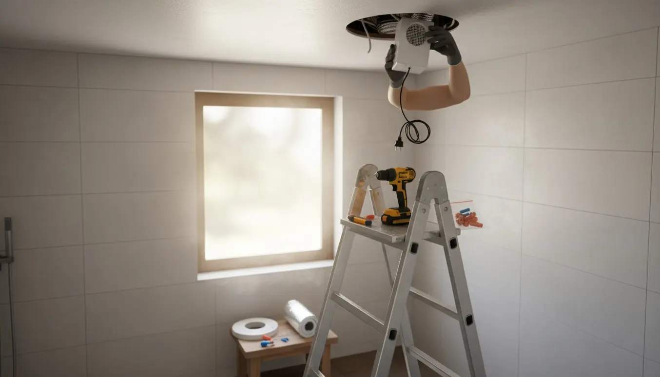 Hænder udskifter en badeværelsesventilator i loftet på en høj stige med værktøj omkring.