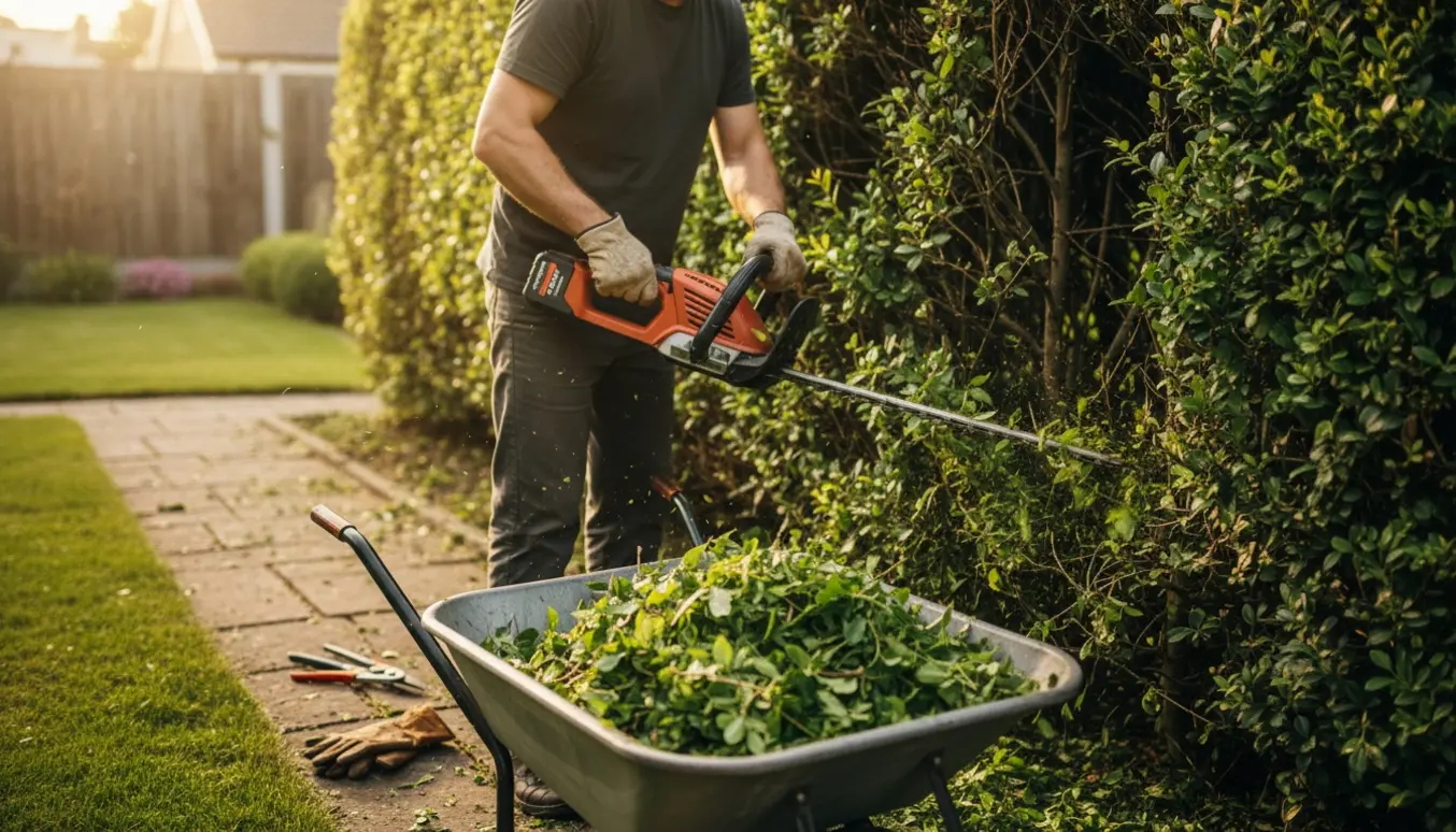 En havearbejder trimmer indersiden af en tæt hæk med en batteridrevet hækkeklipper, og afklip ligger i en trillebør.