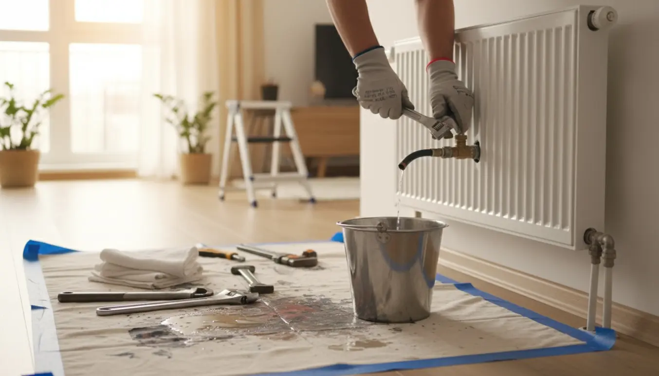 Afmontering af en vægradiator i en lejlighed med værktøj og spand til opsamling af vand.