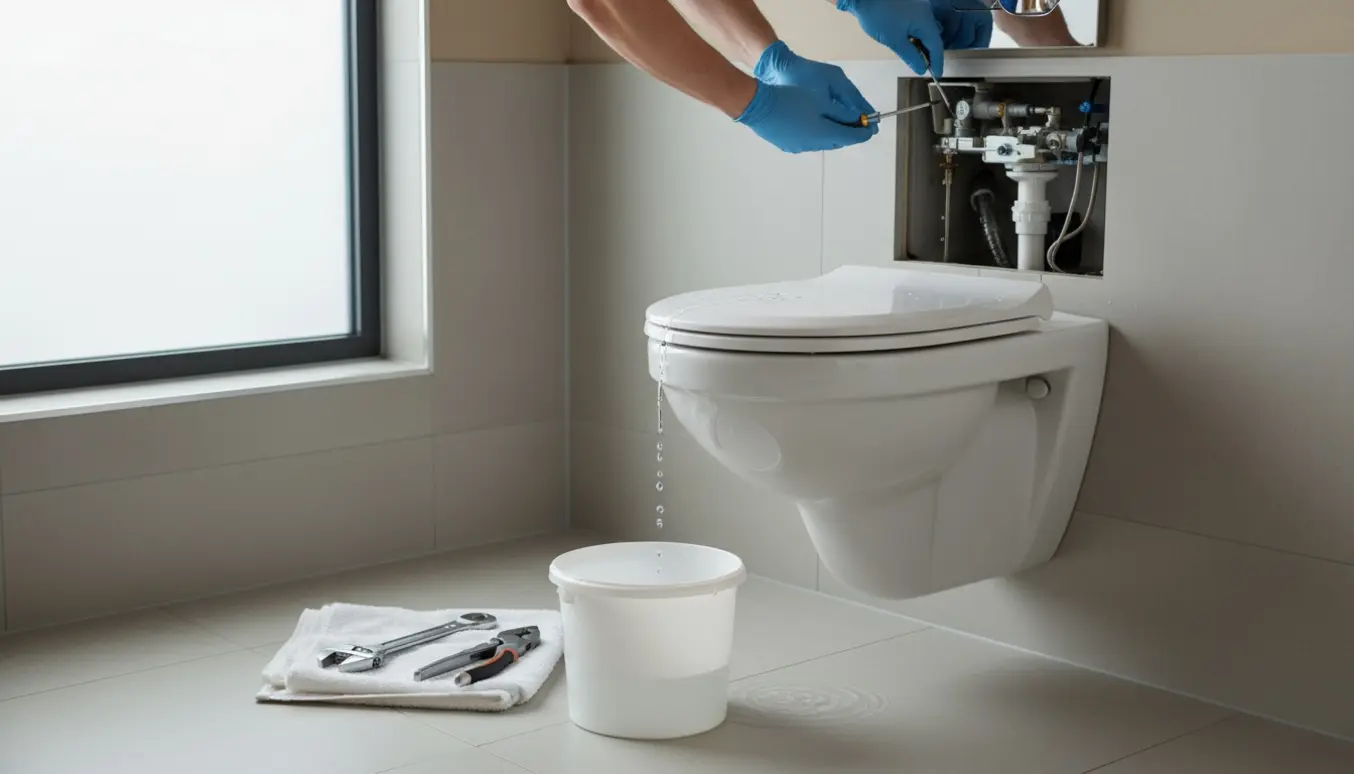 Hænder justerer indvendig mekanisme i et væghængt toilet med åben servicelem.