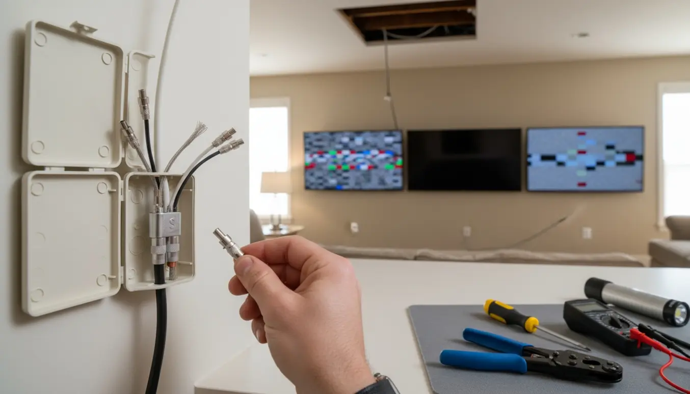 Åben fordelingsboks og hovedkabel i forgrunden med tre tv-skærme i baggrunden, der viser pixelering og signalbortfald.