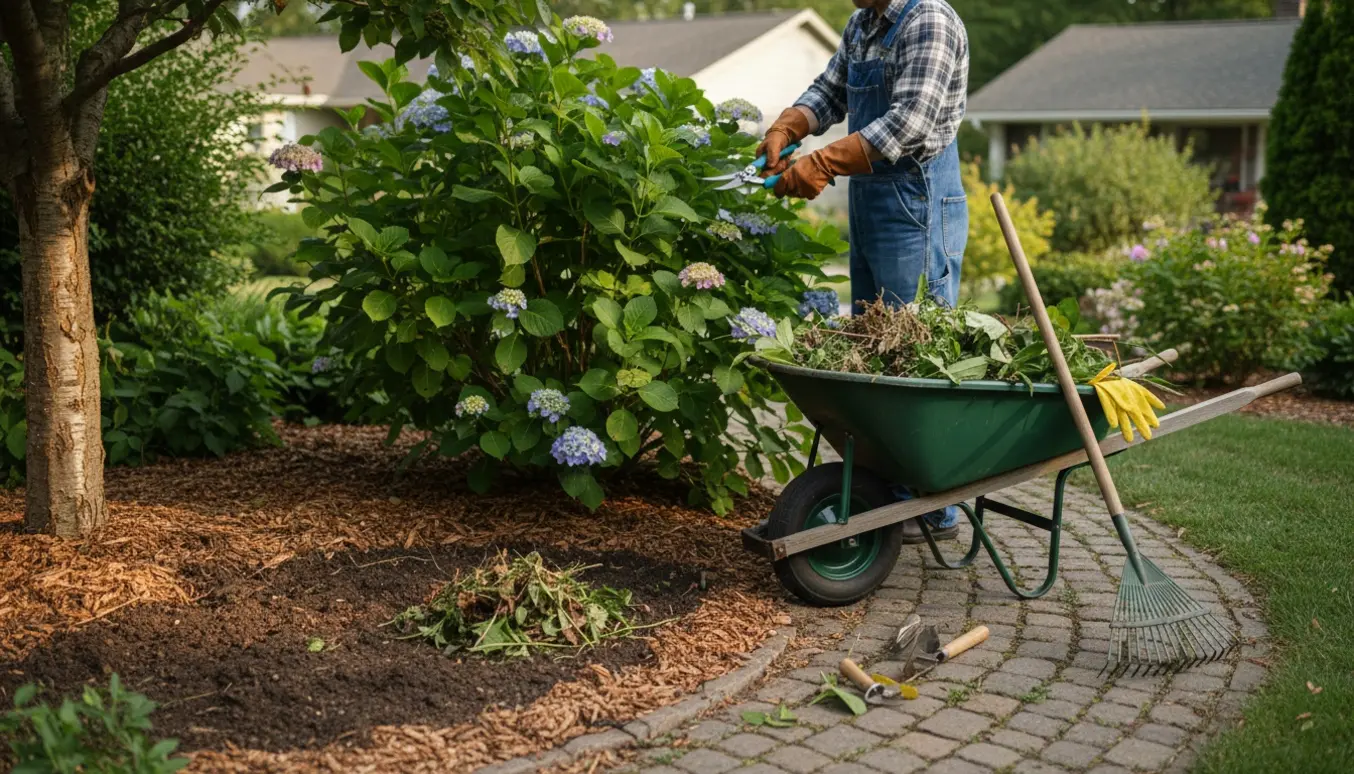 Hænder beskærer en busk og renser et blomsterbed med trillebør og haveredskaber i blødt morgenlys.