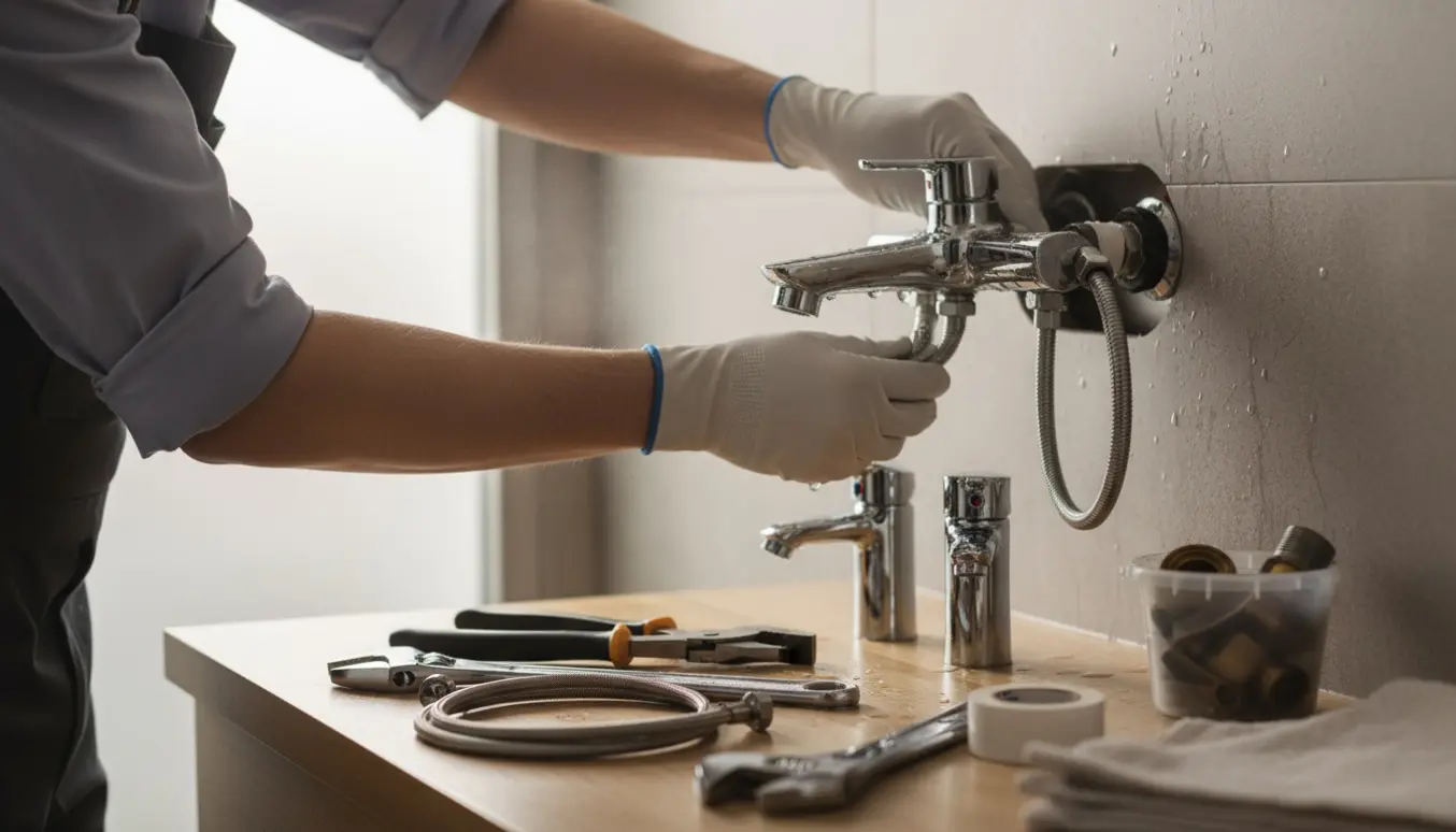 Hænder installerer et nyt krom brusebatteri i et moderne badeværelse med udskiftede vandhaner og slanger på bordet.