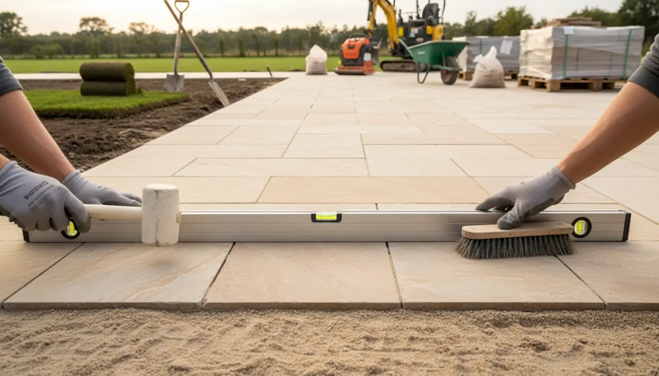 Lægning af sandstensfliser på en terrasse med værktøj, rullede græsstykker og maskiner i baggrunden.