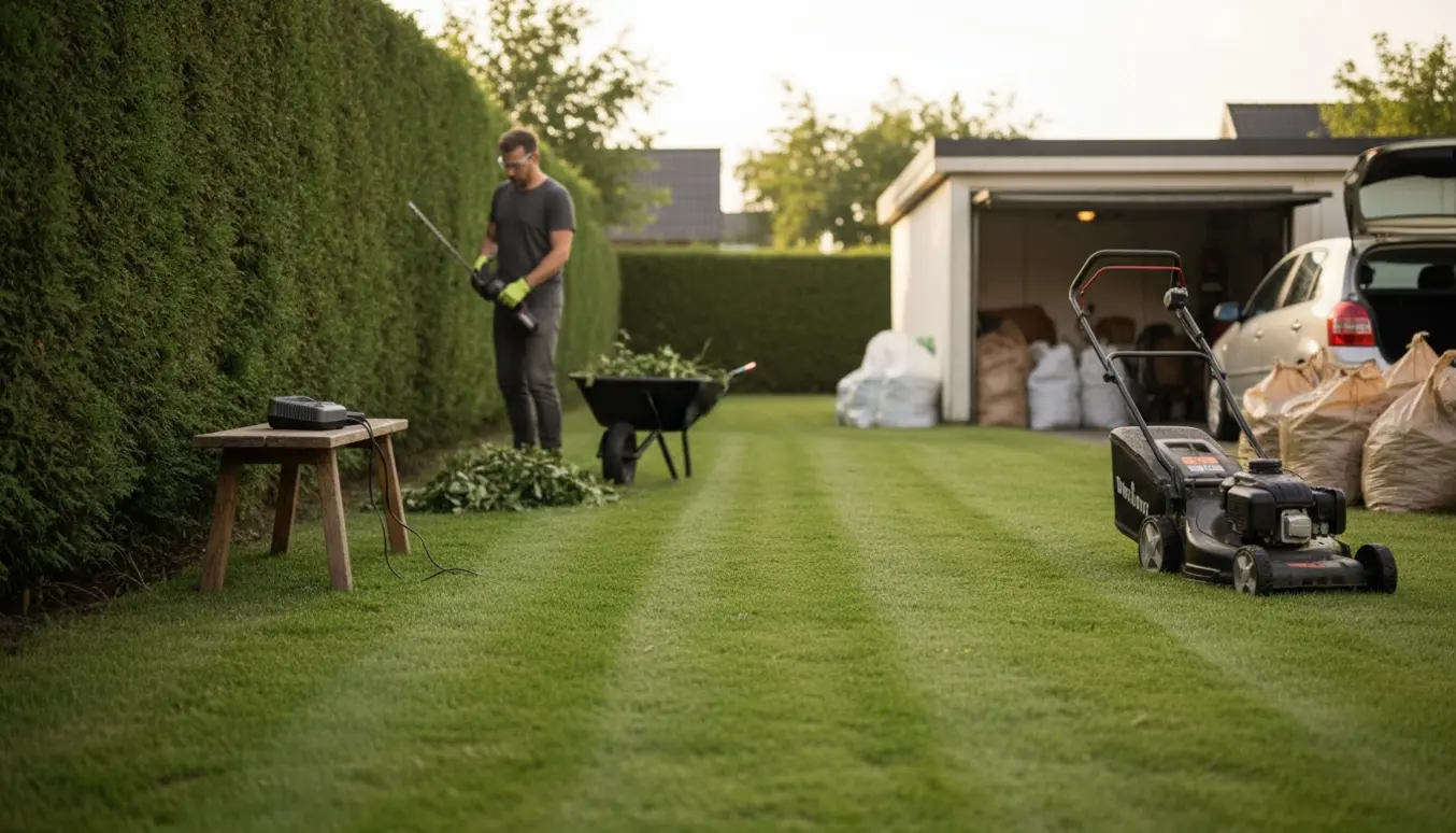 En person fra ryggen klipper en høj hæk og slår græs, med haveaffald og sække klar i garagen.