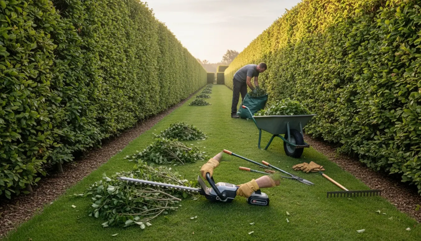 Havearbejder beskærer en bøgehæk langs en sti og samler afklip i haveaffaldssække.