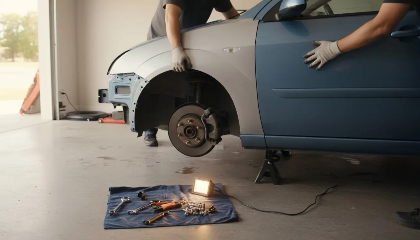 Udskiftning af venstre skærm på en Ford Focus 2005 i en garage, nyt skærm holdes klar til montering.
