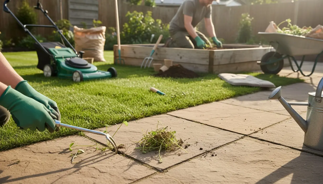 Hænder fjerner ukrudt mellem fliser med haveredskaber, nyslået græs og et ordnet højbed i baggrunden.