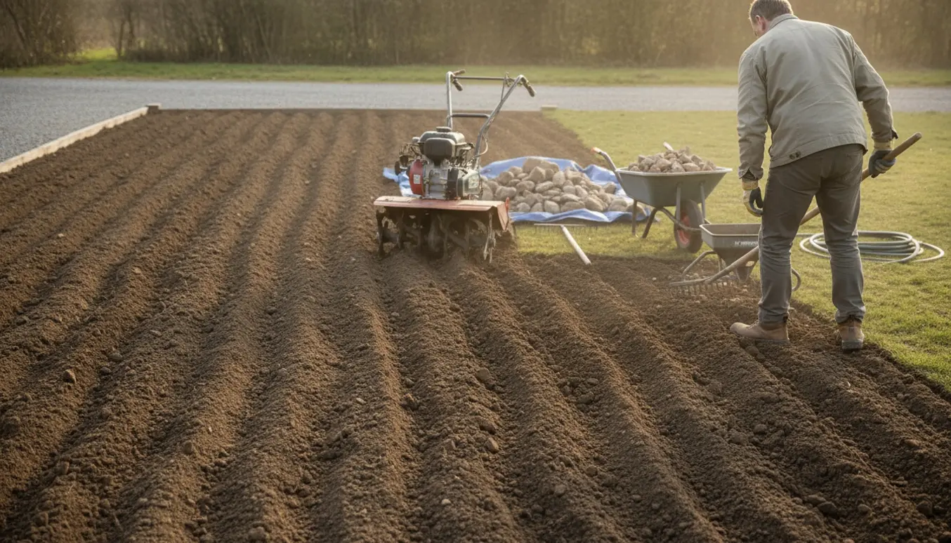 L-formet havebed med nyfræset jord, stensamling i skovl og trillebør og en person set bagfra, der spreder græsfrø.