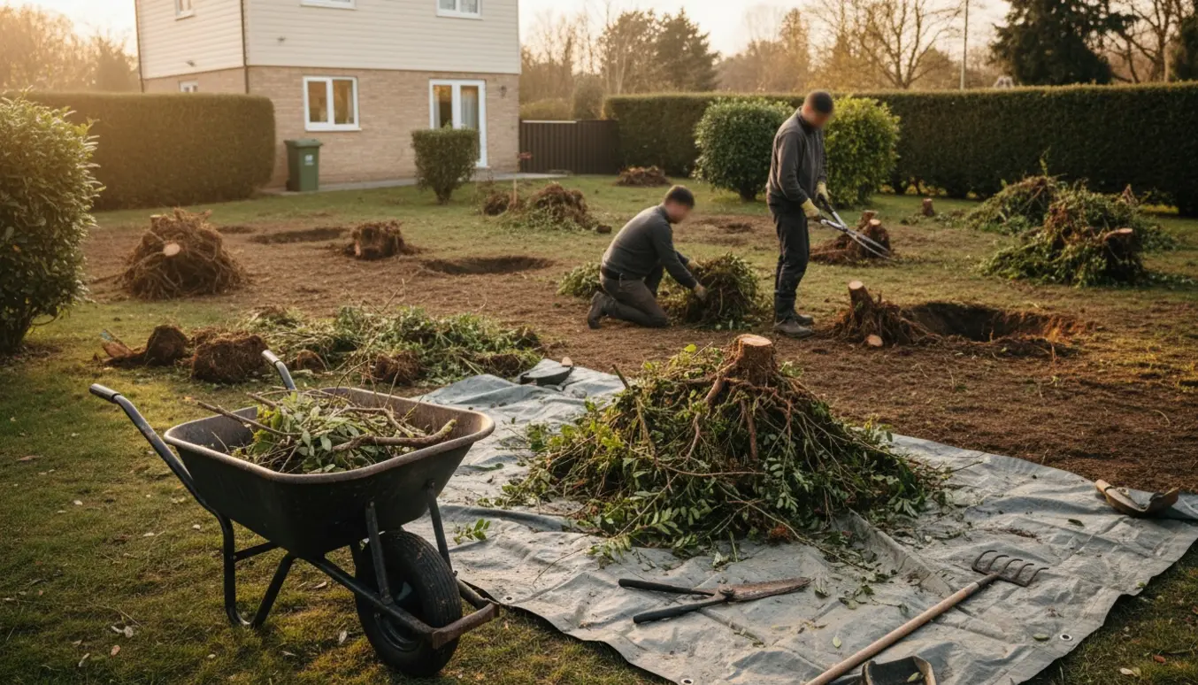 Havearbejde med fjernede buske, rodklumper og redskaber ved et hus.