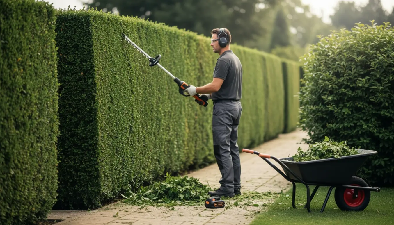 En havearbejder trimmer den ene side af en 2,5 meter høj hæk med en langhåndteret hækkeklipper.