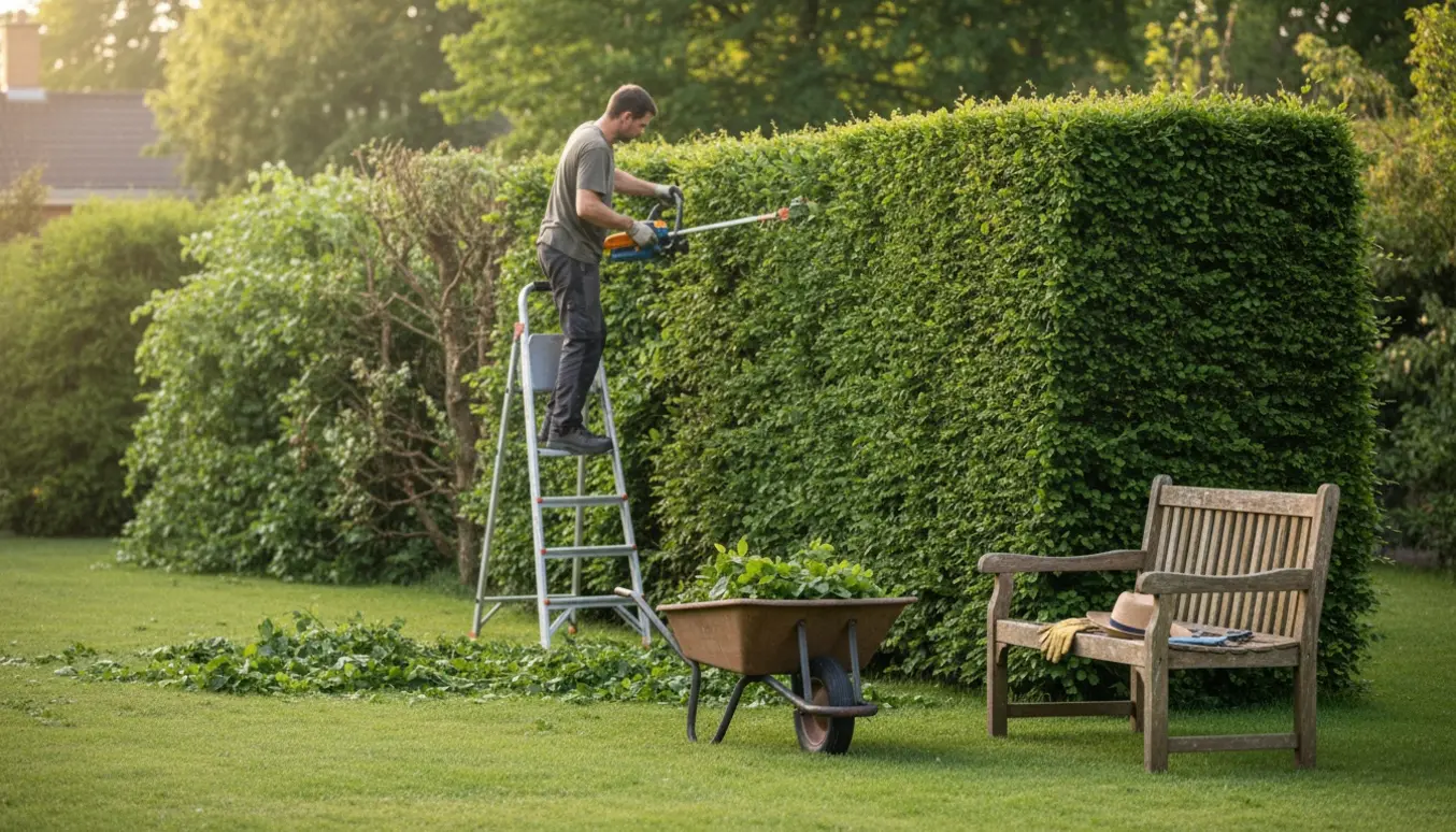 En lang bøgehæk bliver professionelt klippet ned og ind, med friske klip og værktøj på græsset.