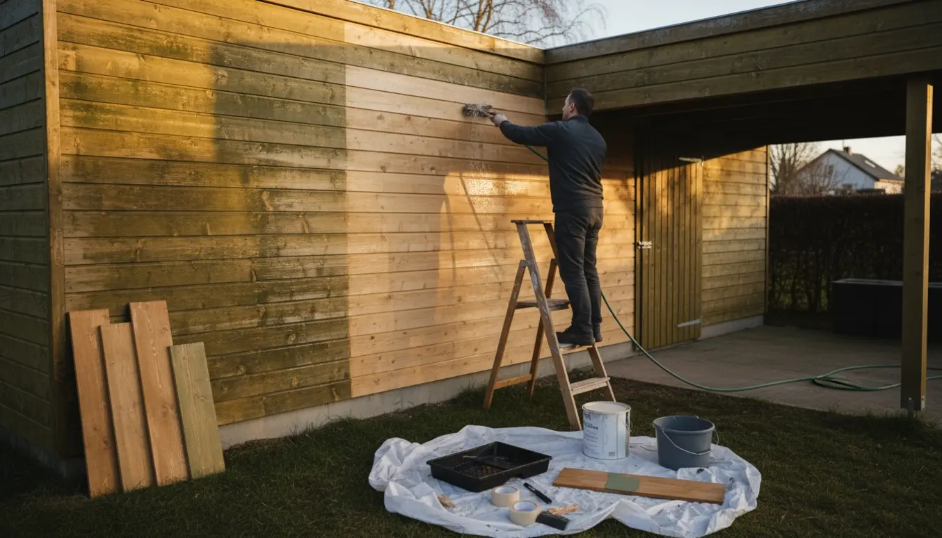 Carport og skur i træ under rensning og klargøring til træbeskyttelse med værktøj og åbent prøve-malingdåse.