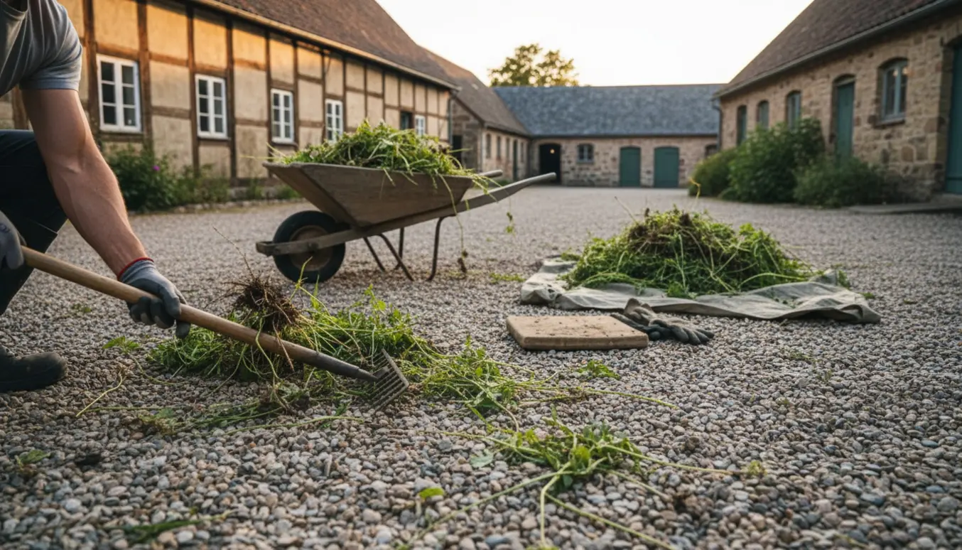 Handskeklædte hænder fjerner ukrudt fra en perlesten gårdsplads med trillebør og bunker af ukrudt i baggrunden.